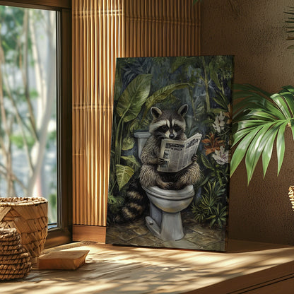 Bathroom raccoon canvas wall art featuring a raccoon sitting on toilet reading a newspaper surrounded by green tropical plants