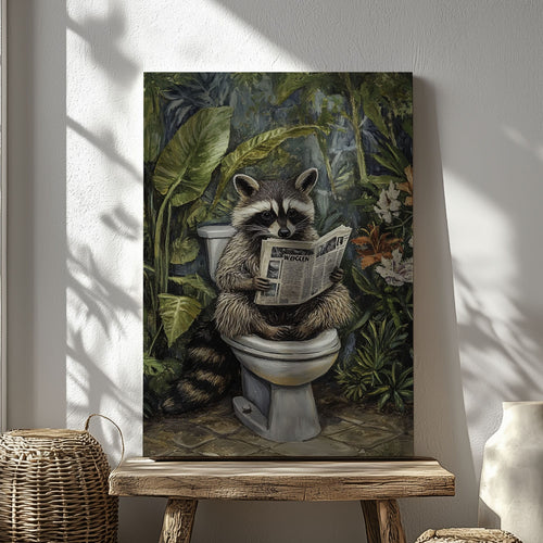 Bathroom raccoon canvas wall art featuring a raccoon sitting on toilet reading a newspaper surrounded by green tropical plants