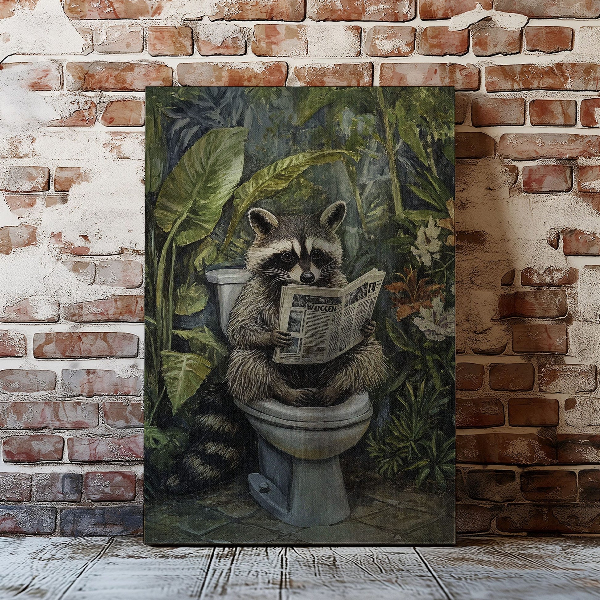 Bathroom raccoon canvas wall art featuring a raccoon sitting on toilet reading a newspaper surrounded by green tropical plants