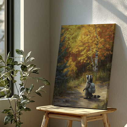 Autumn raccoon canvas wall art featuring a raccoon with backpack walking on forest path surrounded by yellow and orange fall trees