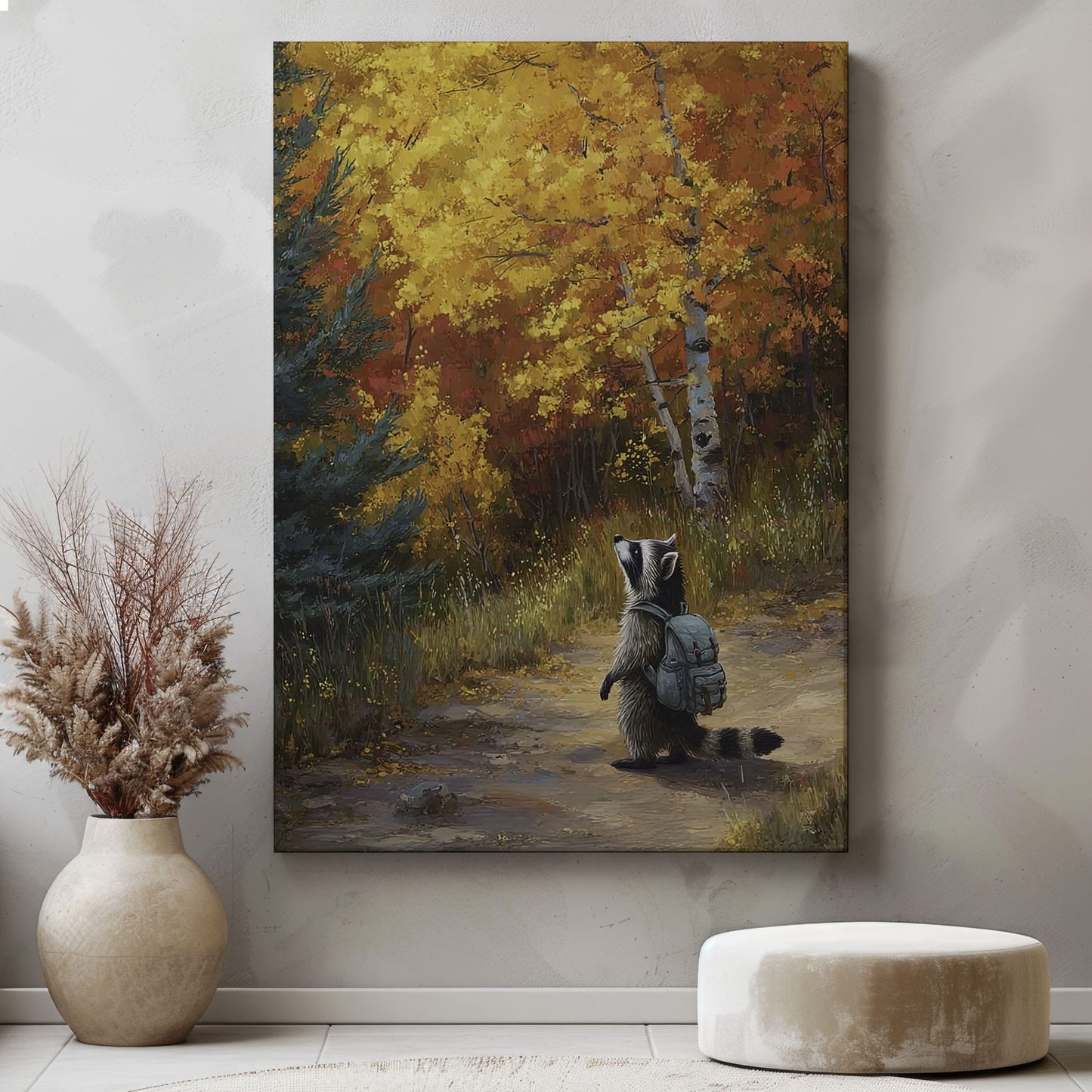 Autumn raccoon canvas wall art featuring a raccoon with backpack walking on forest path surrounded by yellow and orange fall trees
