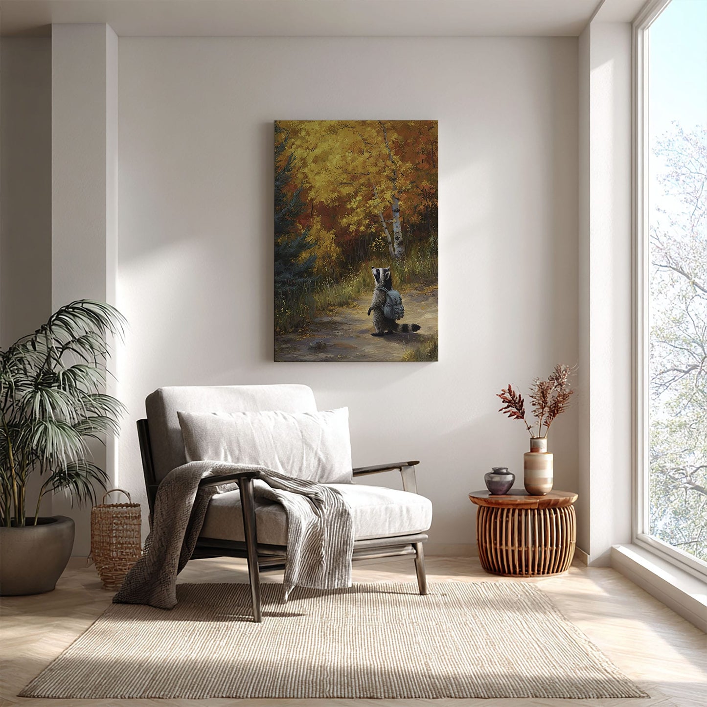 Autumn raccoon canvas wall art featuring a raccoon with backpack walking on forest path surrounded by yellow and orange fall trees