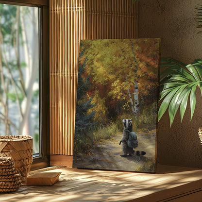Autumn raccoon canvas wall art featuring a raccoon with backpack walking on forest path surrounded by yellow and orange fall trees