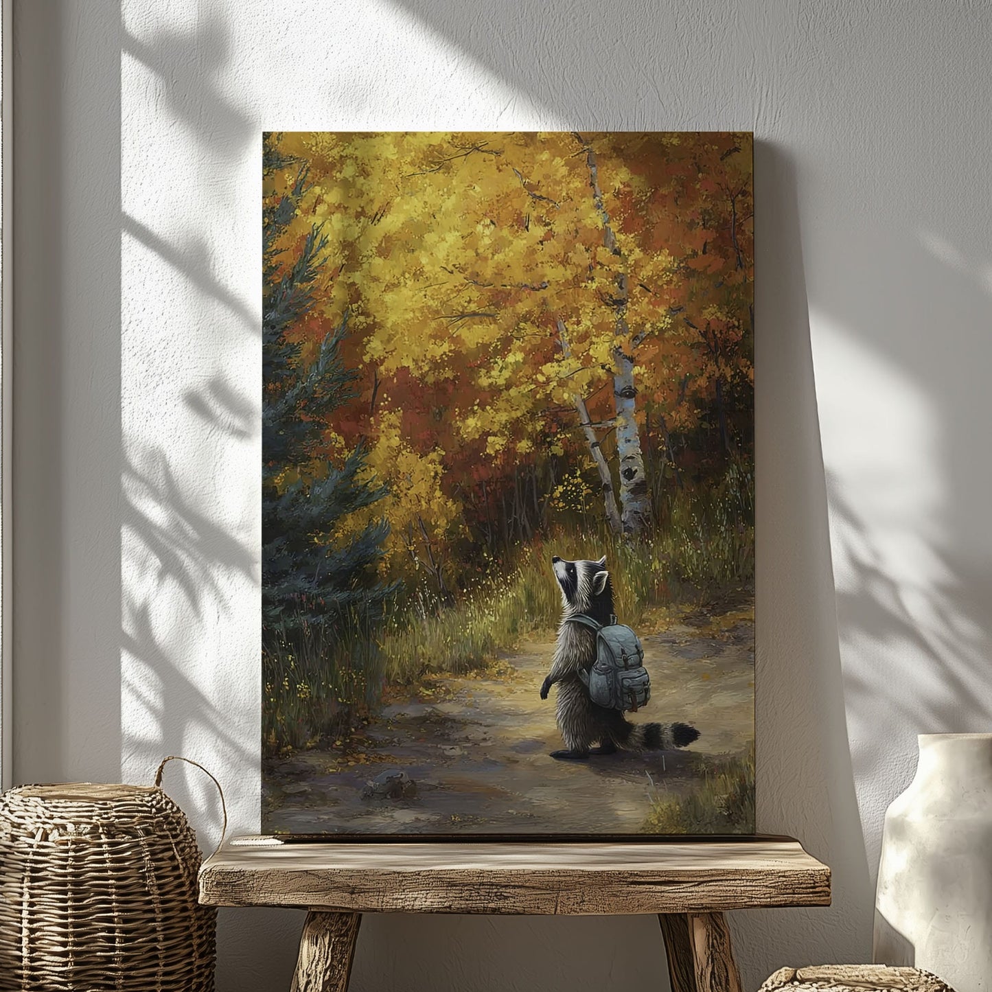 Autumn raccoon canvas wall art featuring a raccoon with backpack walking on forest path surrounded by yellow and orange fall trees