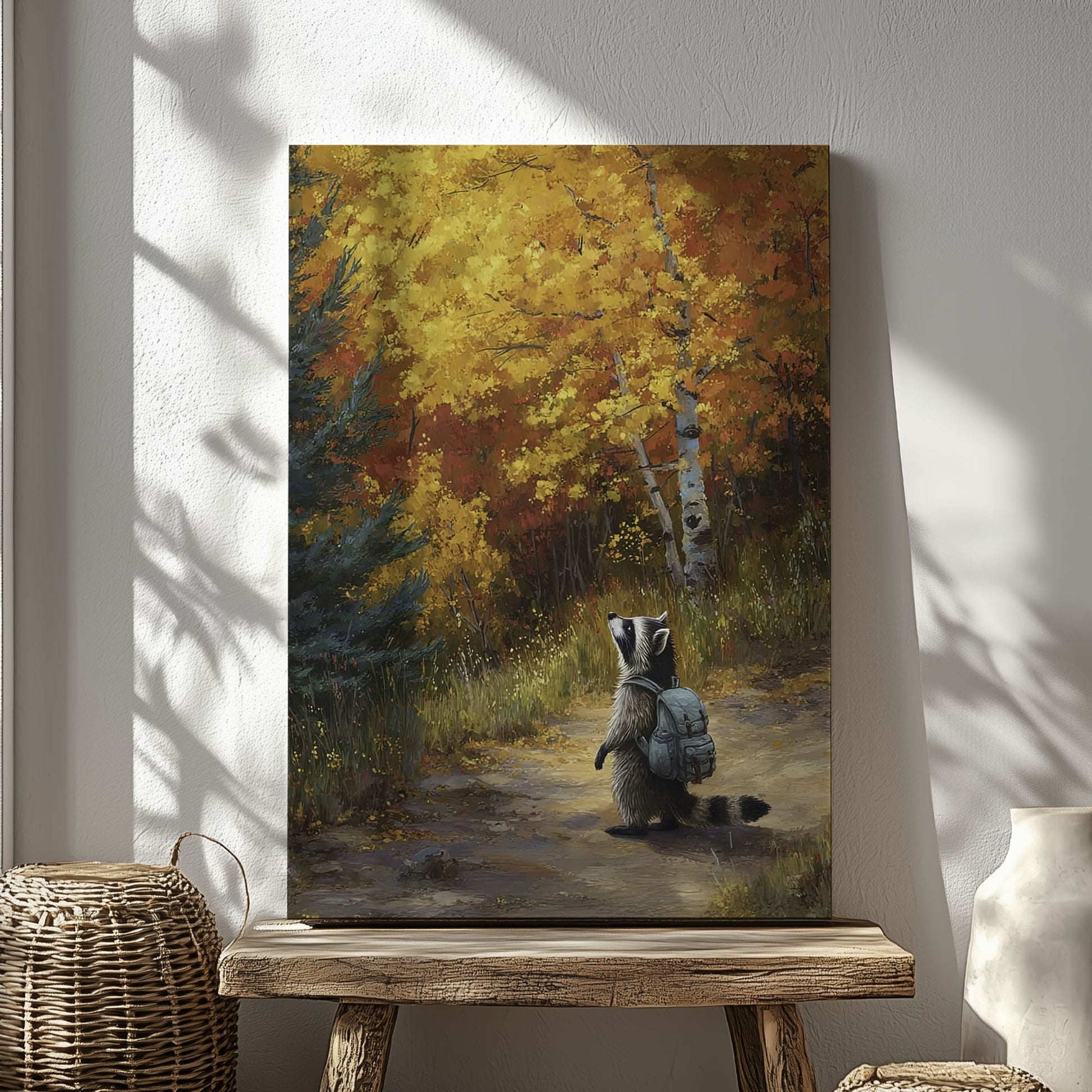 Autumn raccoon canvas wall art featuring a raccoon with backpack walking on forest path surrounded by yellow and orange fall trees