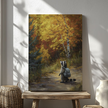 Autumn raccoon canvas wall art featuring a raccoon with backpack walking on forest path surrounded by yellow and orange fall trees