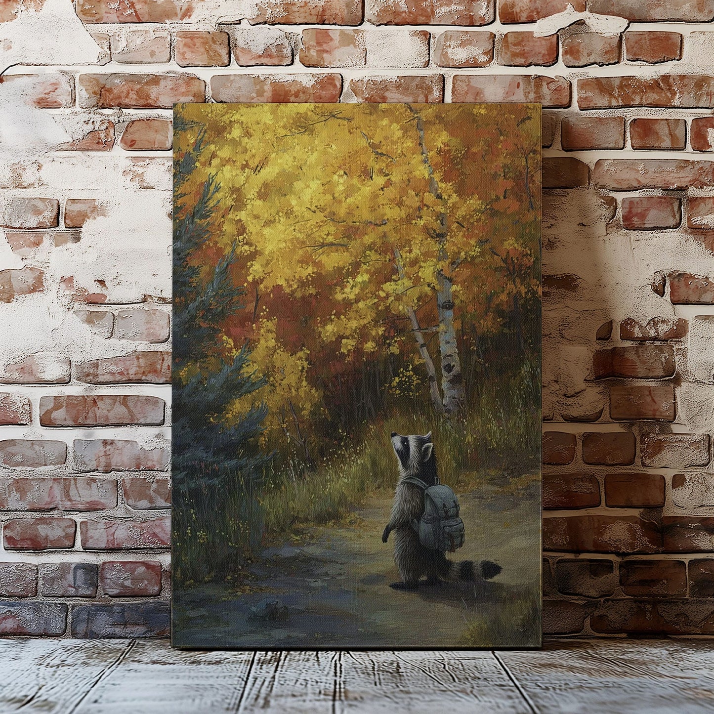 Autumn raccoon canvas wall art featuring a raccoon with backpack walking on forest path surrounded by yellow and orange fall trees