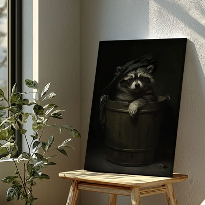 Trash panda canvas wall art featuring a raccoon sitting in a wooden bucket wearing a worn hat in moody dark vintage style