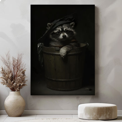 Trash panda canvas wall art featuring a raccoon sitting in a wooden bucket wearing a worn hat in moody dark vintage style