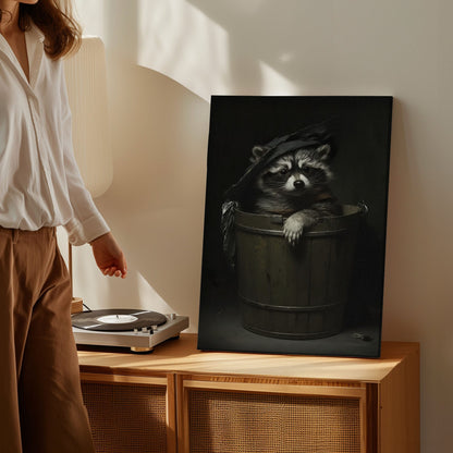 Trash panda canvas wall art featuring a raccoon sitting in a wooden bucket wearing a worn hat in moody dark vintage style