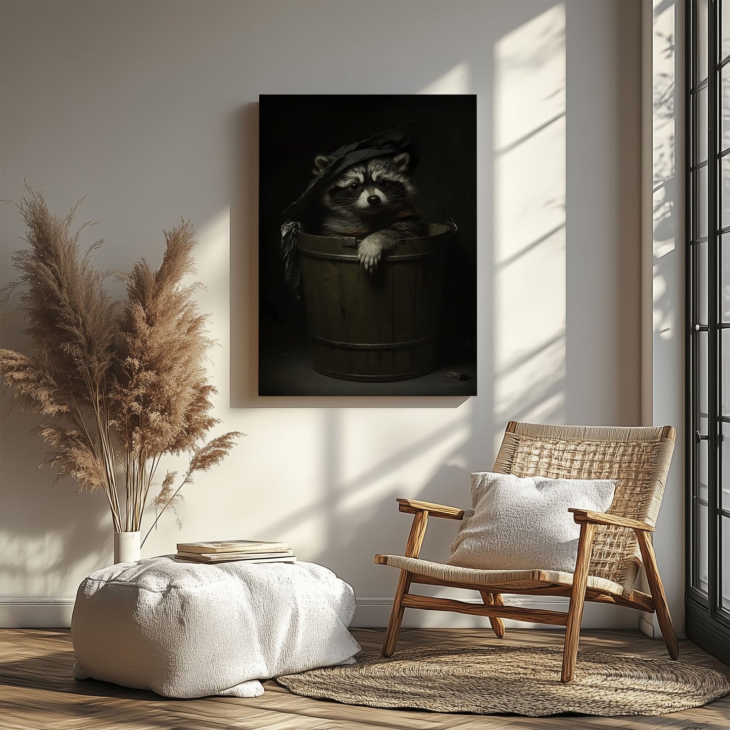 Trash panda canvas wall art featuring a raccoon sitting in a wooden bucket wearing a worn hat in moody dark vintage style