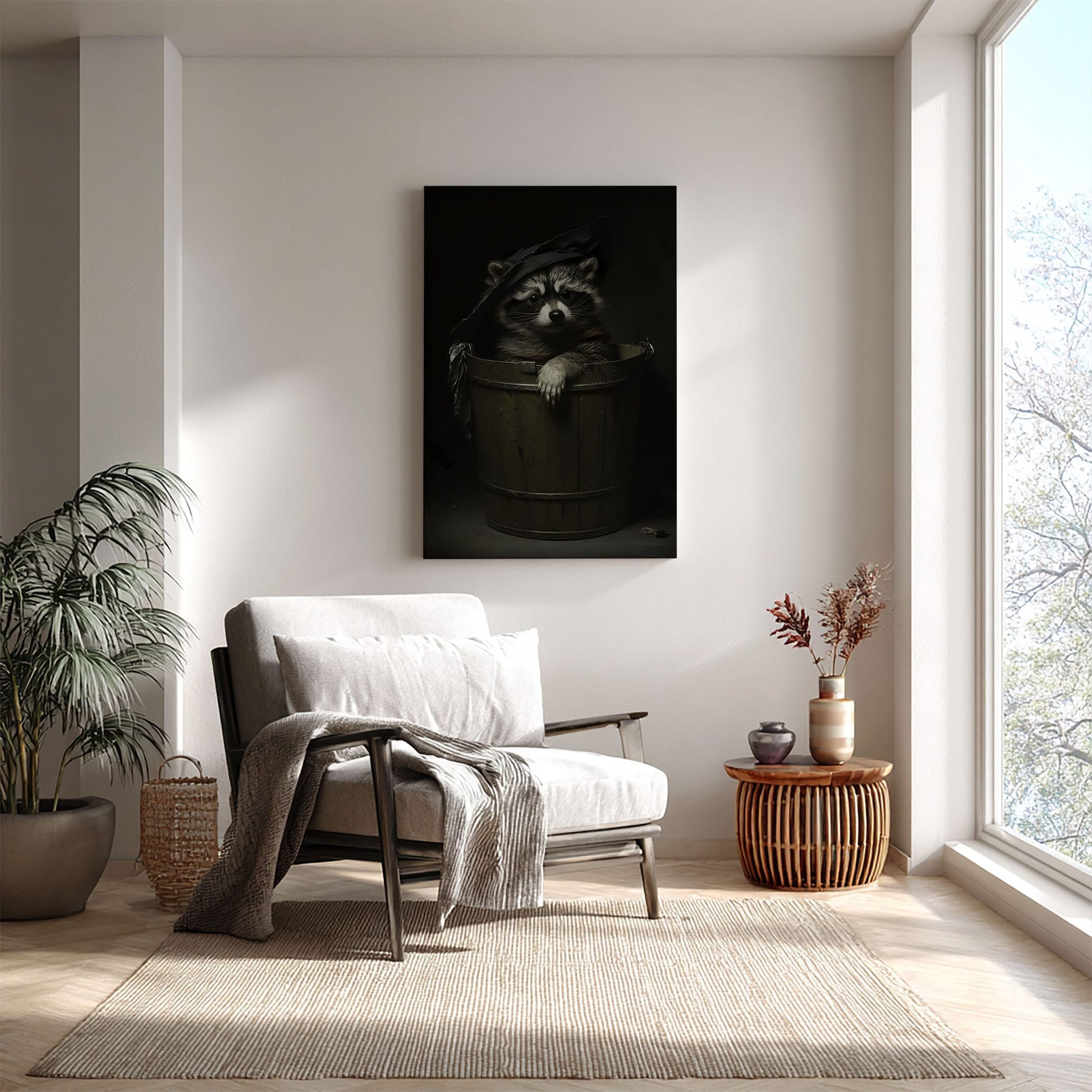 Trash panda canvas wall art featuring a raccoon sitting in a wooden bucket wearing a worn hat in moody dark vintage style