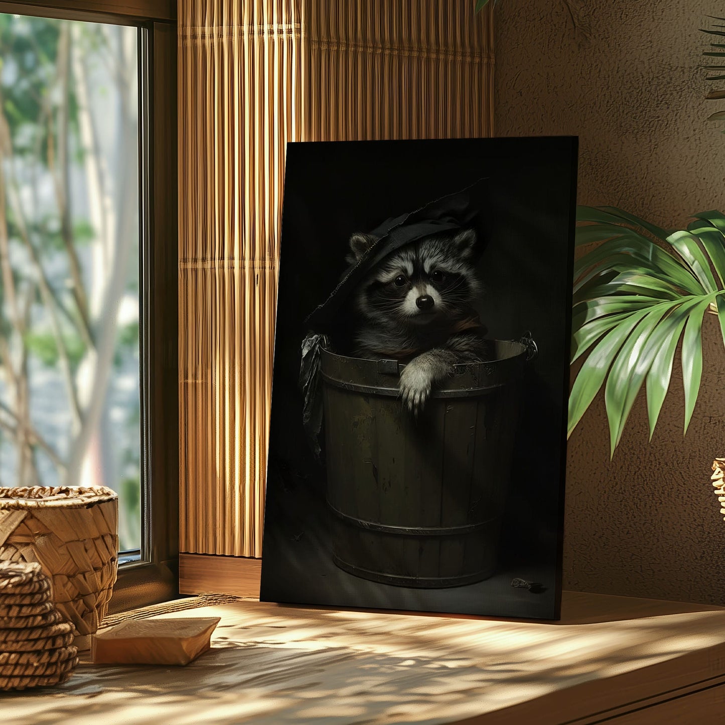 Trash panda canvas wall art featuring a raccoon sitting in a wooden bucket wearing a worn hat in moody dark vintage style