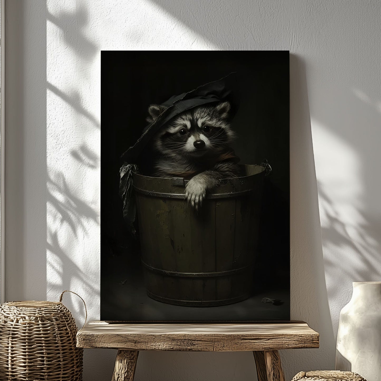 Trash panda canvas wall art featuring a raccoon sitting in a wooden bucket wearing a worn hat in moody dark vintage style