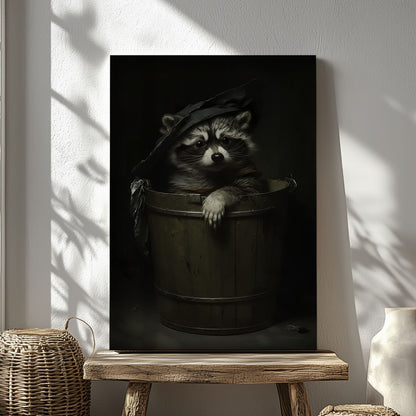 Trash panda canvas wall art featuring a raccoon sitting in a wooden bucket wearing a worn hat in moody dark vintage style