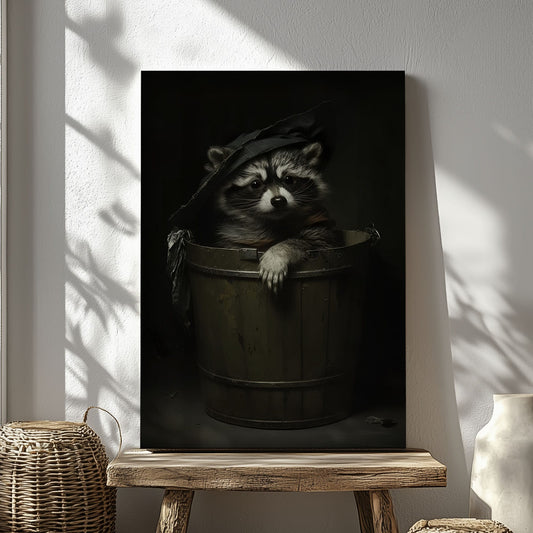 Trash panda canvas wall art featuring a raccoon sitting in a wooden bucket wearing a worn hat in moody dark vintage style