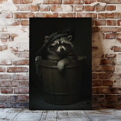 Trash panda canvas wall art featuring a raccoon sitting in a wooden bucket wearing a worn hat in moody dark vintage style