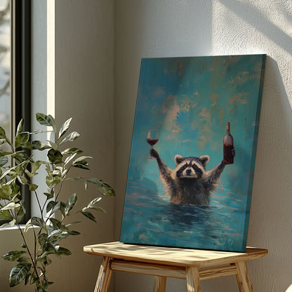 Wine lover raccoon canvas wall art featuring a raccoon in water holding a wine bottle and glass in bright blue impressionist style