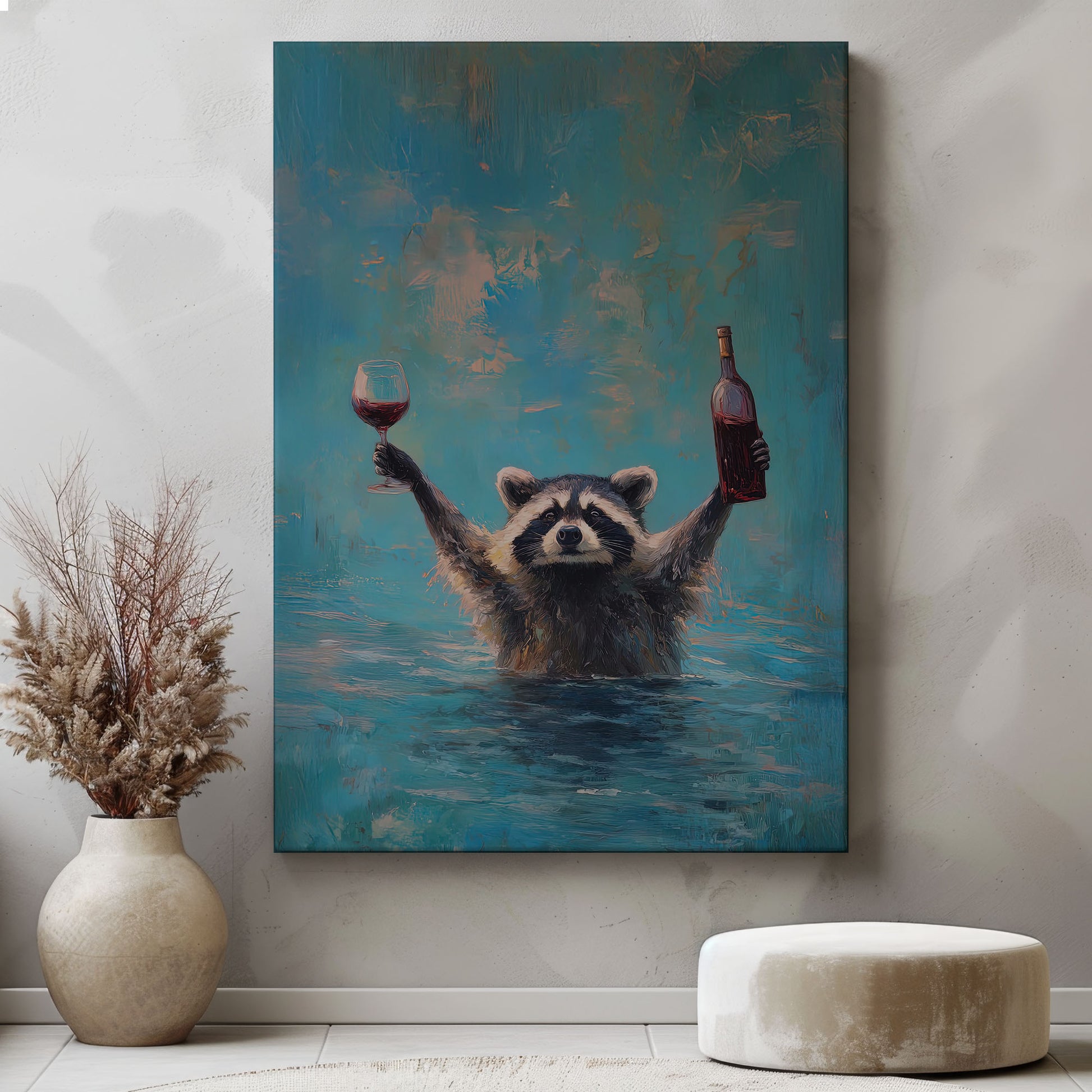 Wine lover raccoon canvas wall art featuring a raccoon in water holding a wine bottle and glass in bright blue impressionist style