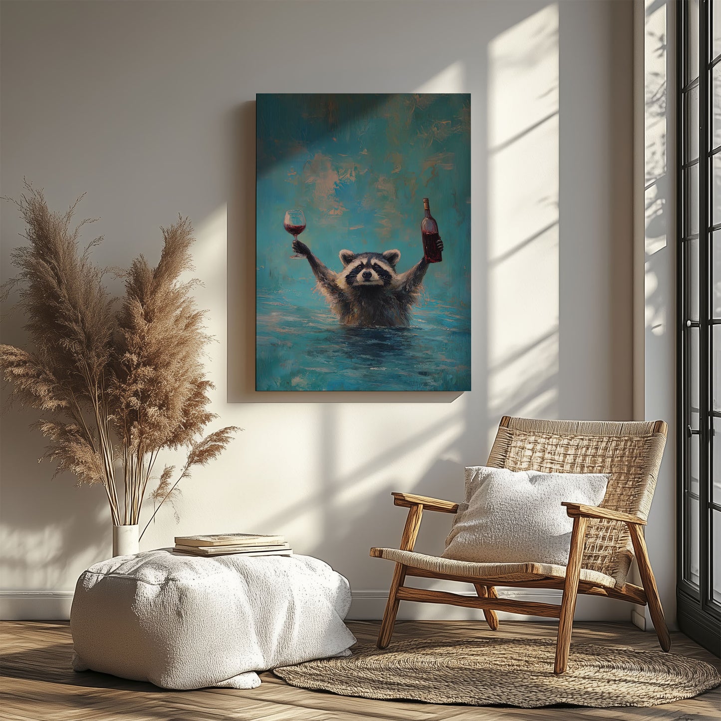 Wine lover raccoon canvas wall art featuring a raccoon in water holding a wine bottle and glass in bright blue impressionist style