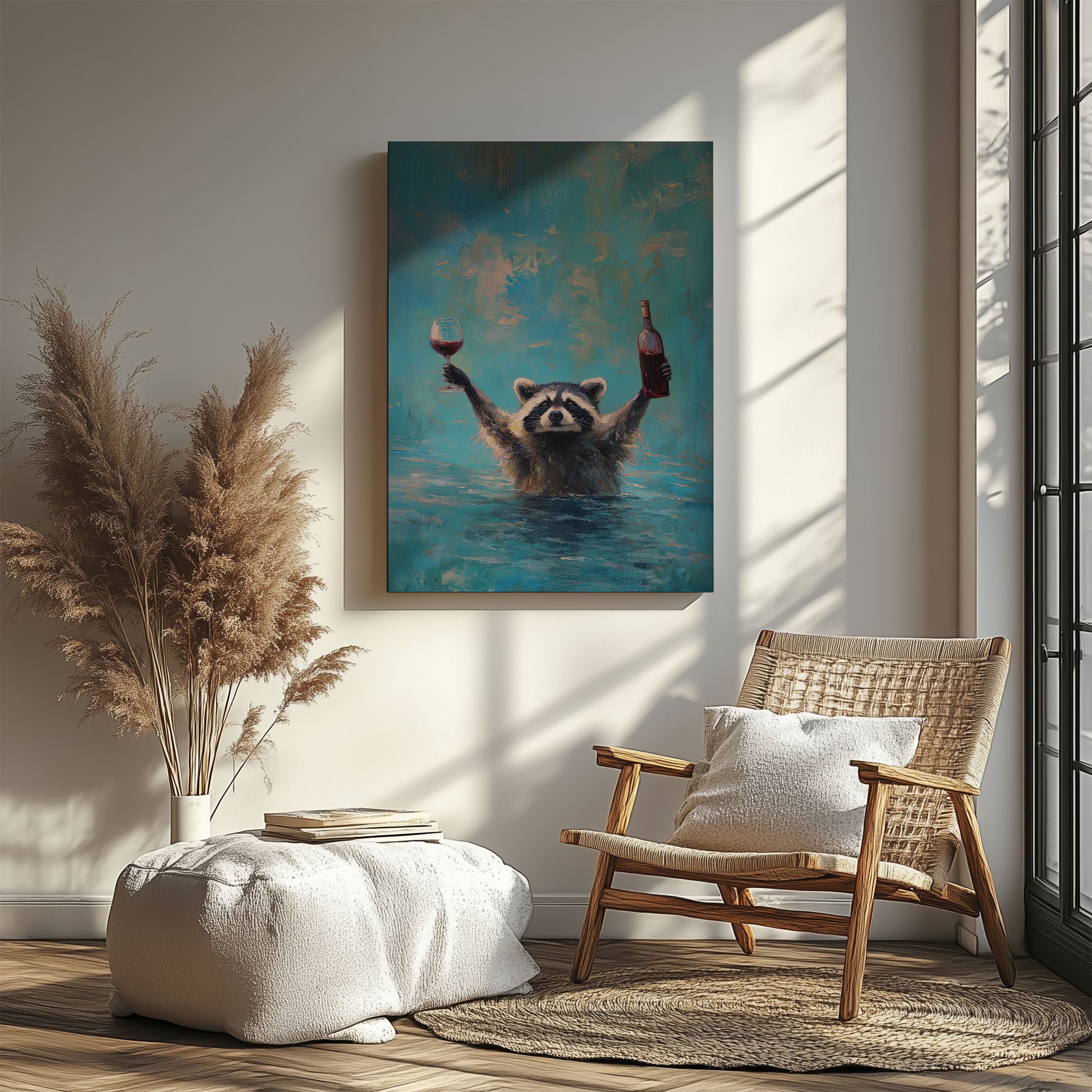 Wine lover raccoon canvas wall art featuring a raccoon in water holding a wine bottle and glass in bright blue impressionist style