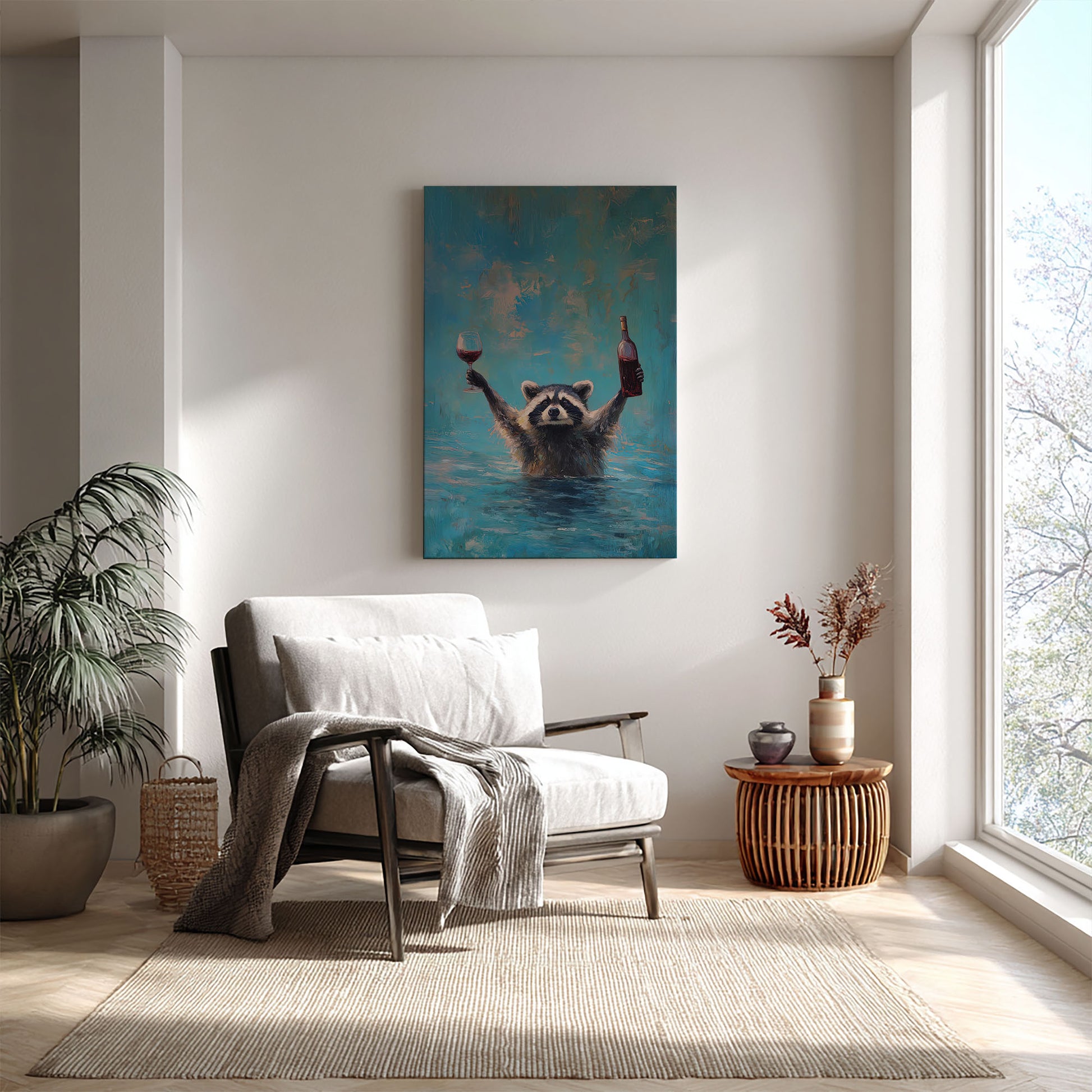 Wine lover raccoon canvas wall art featuring a raccoon in water holding a wine bottle and glass in bright blue impressionist style