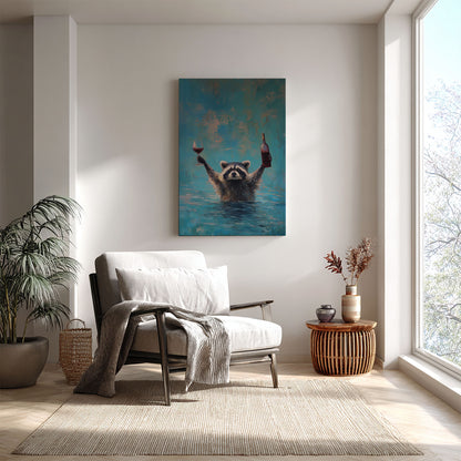 Wine lover raccoon canvas wall art featuring a raccoon in water holding a wine bottle and glass in bright blue impressionist style