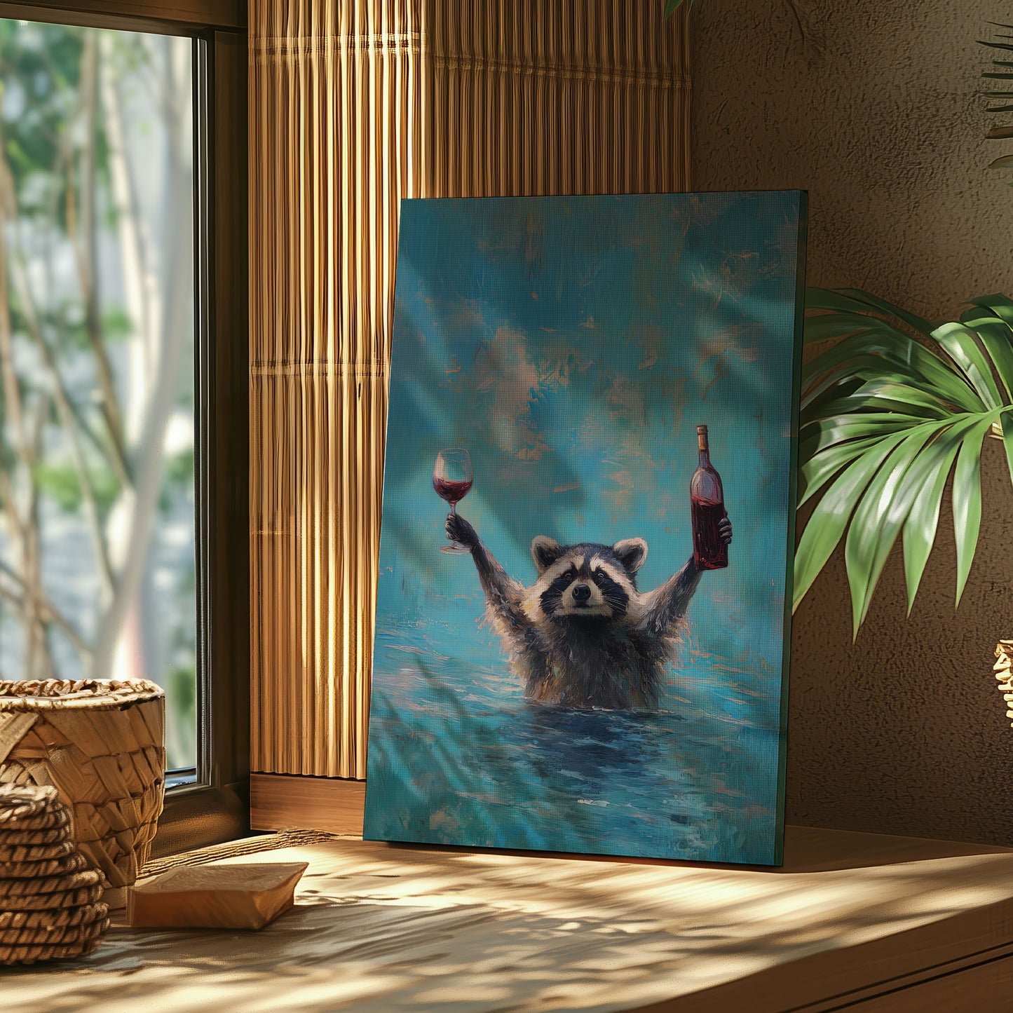 Wine lover raccoon canvas wall art featuring a raccoon in water holding a wine bottle and glass in bright blue impressionist style