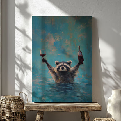 Wine lover raccoon canvas wall art featuring a raccoon in water holding a wine bottle and glass in bright blue impressionist style