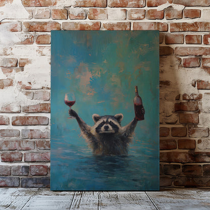Wine lover raccoon canvas wall art featuring a raccoon in water holding a wine bottle and glass in bright blue impressionist style