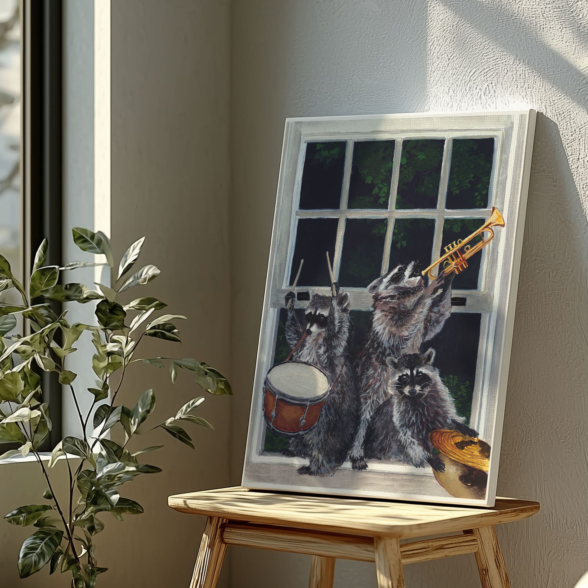 Raccoon band canvas wall art featuring three raccoons playing drum, trumpet, and guitar near a window in humorous vintage style