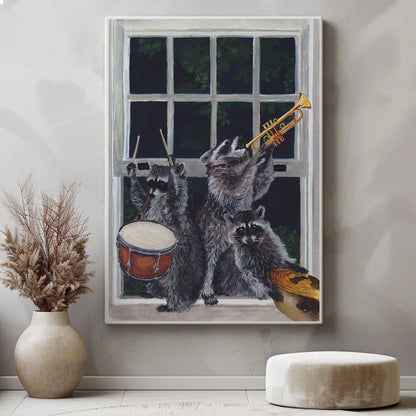 Raccoon band canvas wall art featuring three raccoons playing drum, trumpet, and guitar near a window in humorous vintage style