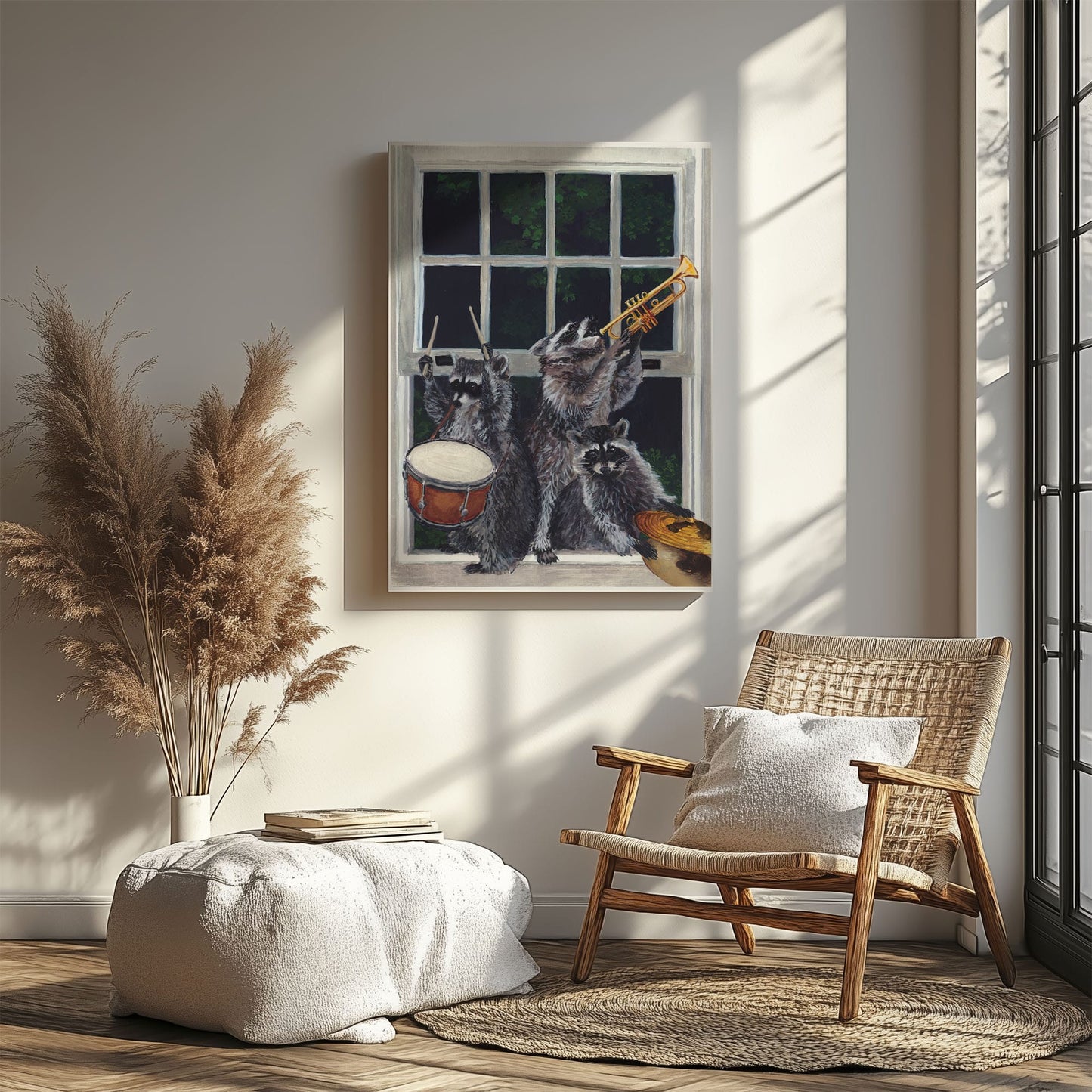 Raccoon band canvas wall art featuring three raccoons playing drum, trumpet, and guitar near a window in humorous vintage style