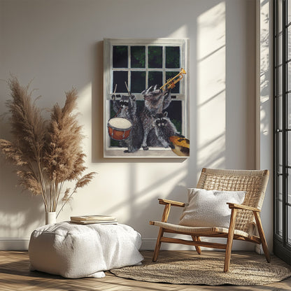Raccoon band canvas wall art featuring three raccoons playing drum, trumpet, and guitar near a window in humorous vintage style