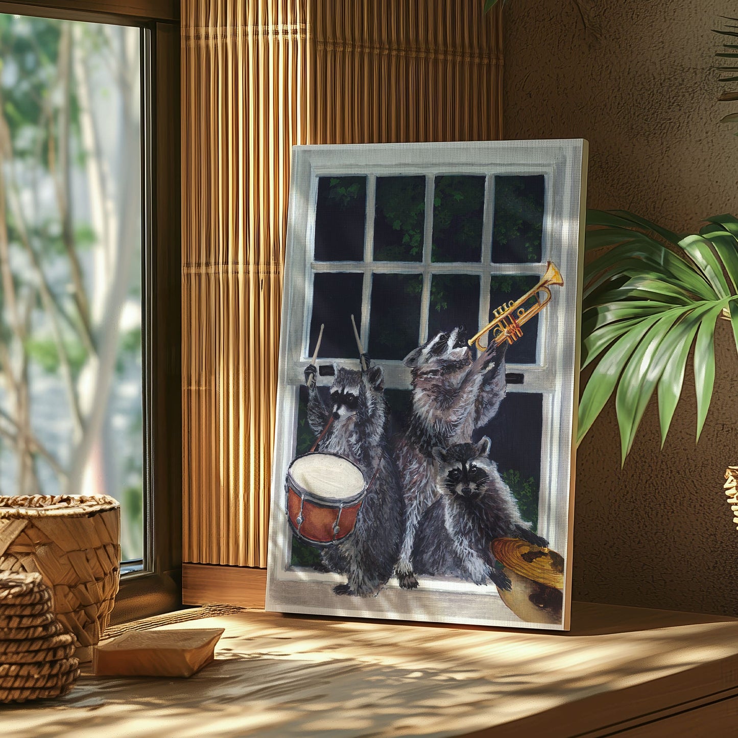 Raccoon band canvas wall art featuring three raccoons playing drum, trumpet, and guitar near a window in humorous vintage style
