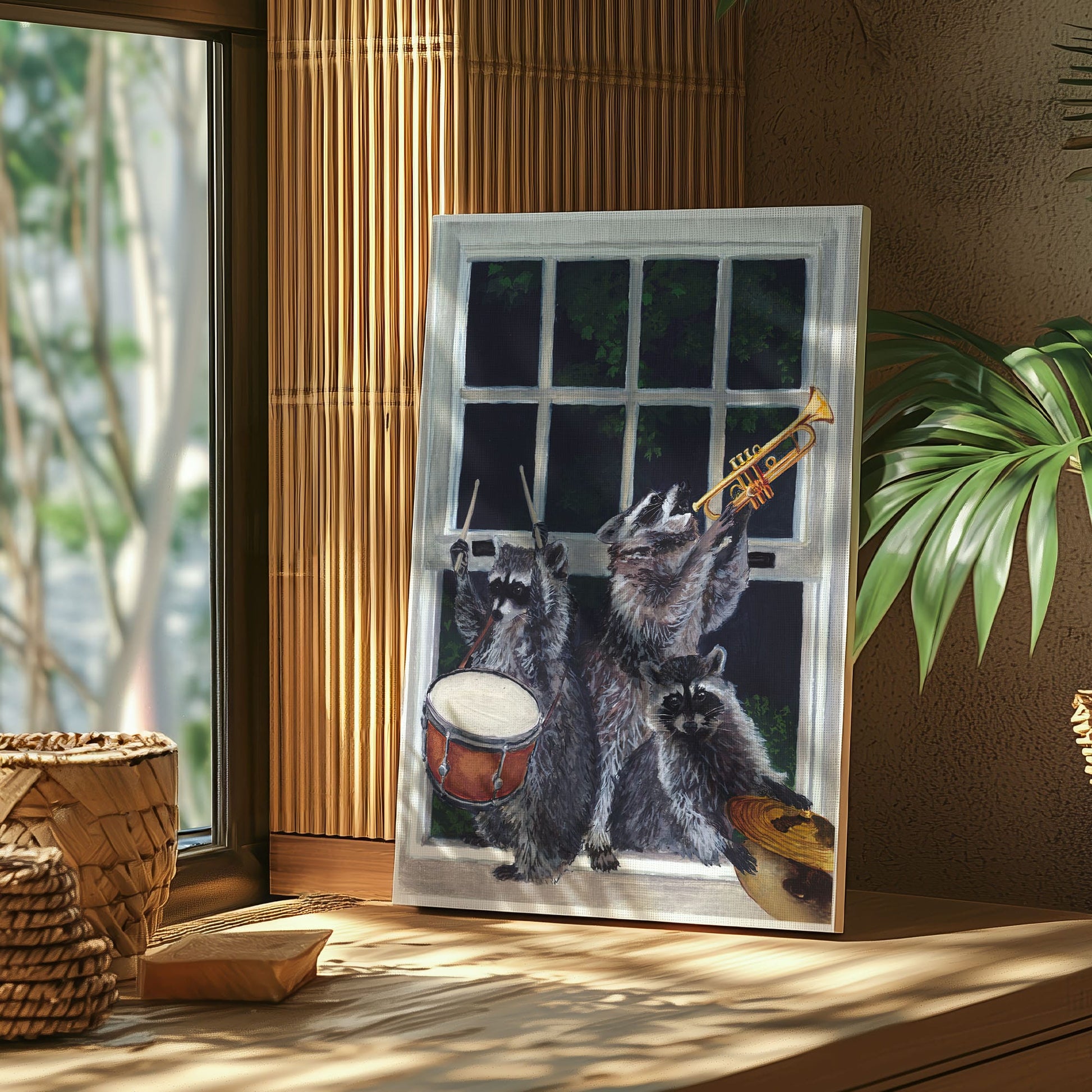 Raccoon band canvas wall art featuring three raccoons playing drum, trumpet, and guitar near a window in humorous vintage style