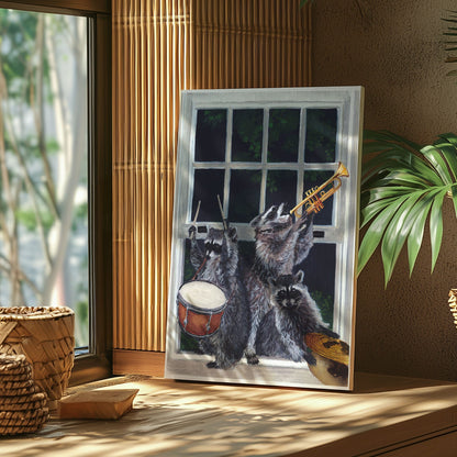 Raccoon band canvas wall art featuring three raccoons playing drum, trumpet, and guitar near a window in humorous vintage style