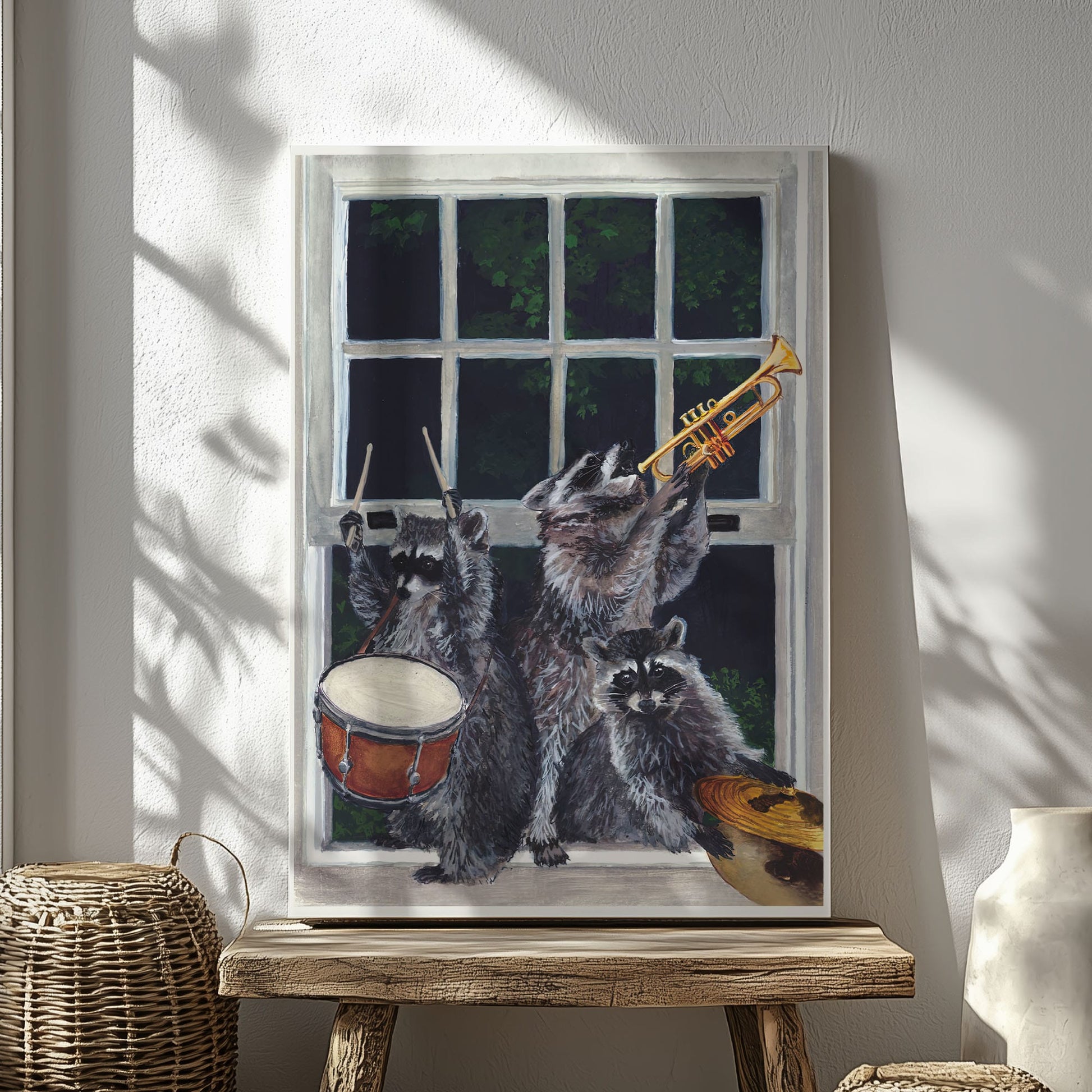Raccoon band canvas wall art featuring three raccoons playing drum, trumpet, and guitar near a window in humorous vintage style