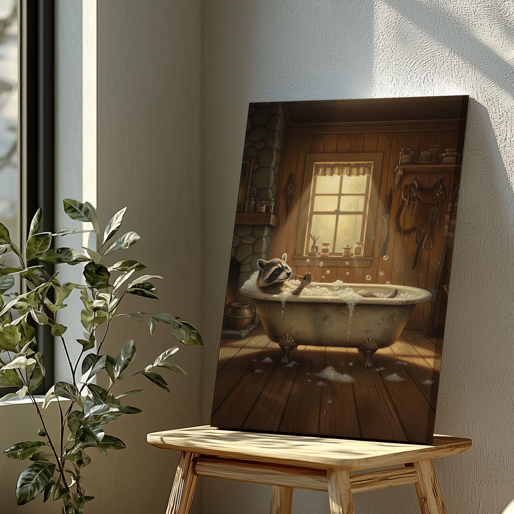 Cozy bathtub raccoon canvas wall art featuring a raccoon relaxing in a vintage clawfoot tub inside rustic wooden cabin with warm lighting