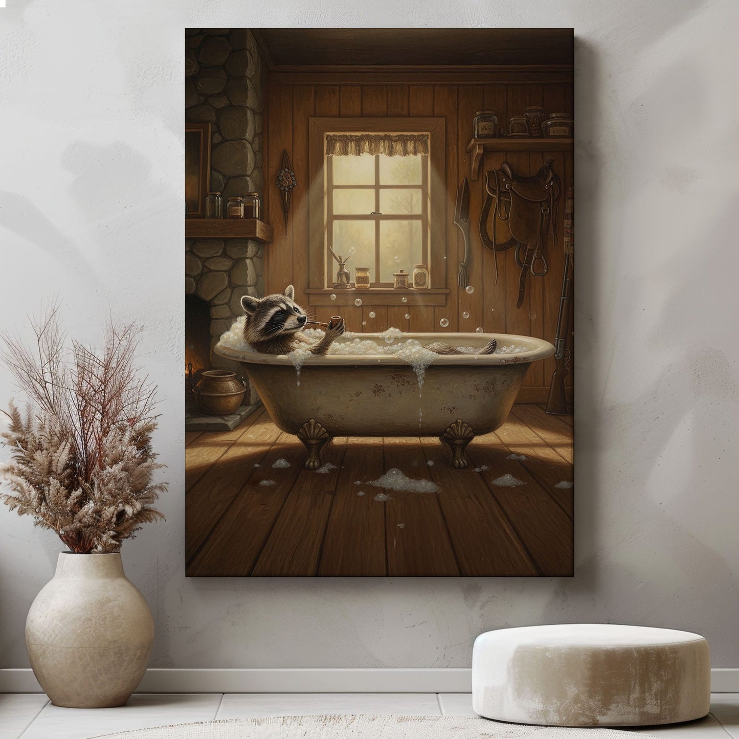 Cozy bathtub raccoon canvas wall art featuring a raccoon relaxing in a vintage clawfoot tub inside rustic wooden cabin with warm lighting