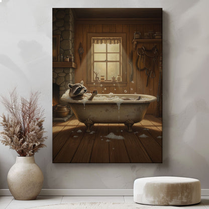 Cozy bathtub raccoon canvas wall art featuring a raccoon relaxing in a vintage clawfoot tub inside rustic wooden cabin with warm lighting