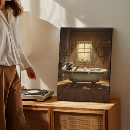 Cozy bathtub raccoon canvas wall art featuring a raccoon relaxing in a vintage clawfoot tub inside rustic wooden cabin with warm lighting