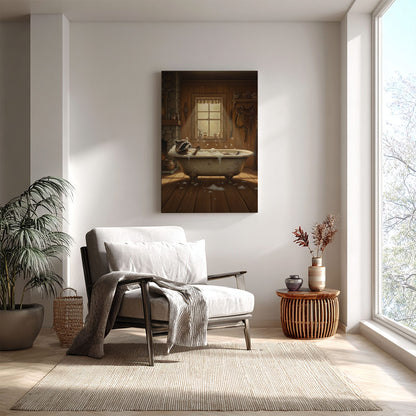 Cozy bathtub raccoon canvas wall art featuring a raccoon relaxing in a vintage clawfoot tub inside rustic wooden cabin with warm lighting