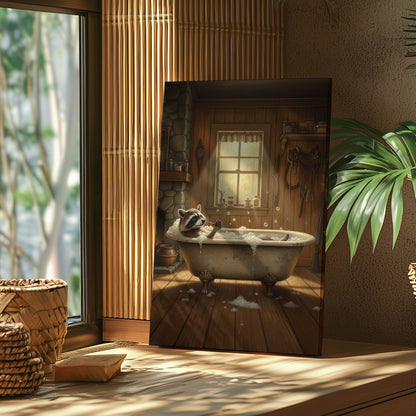 Cozy bathtub raccoon canvas wall art featuring a raccoon relaxing in a vintage clawfoot tub inside rustic wooden cabin with warm lighting