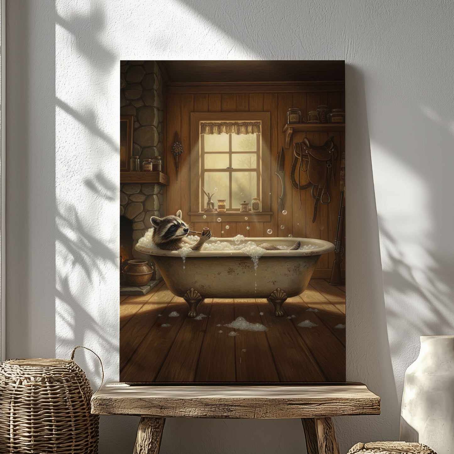 Cozy bathtub raccoon canvas wall art featuring a raccoon relaxing in a vintage clawfoot tub inside rustic wooden cabin with warm lighting