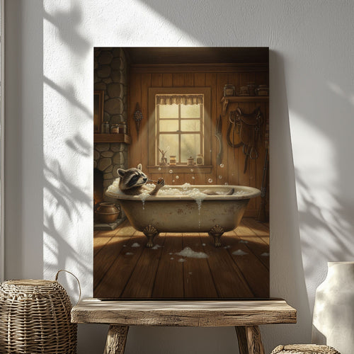 Cozy bathtub raccoon canvas wall art featuring a raccoon relaxing in a vintage clawfoot tub inside rustic wooden cabin with warm lighting