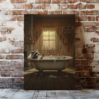 Cozy bathtub raccoon canvas wall art featuring a raccoon relaxing in a vintage clawfoot tub inside rustic wooden cabin with warm lighting