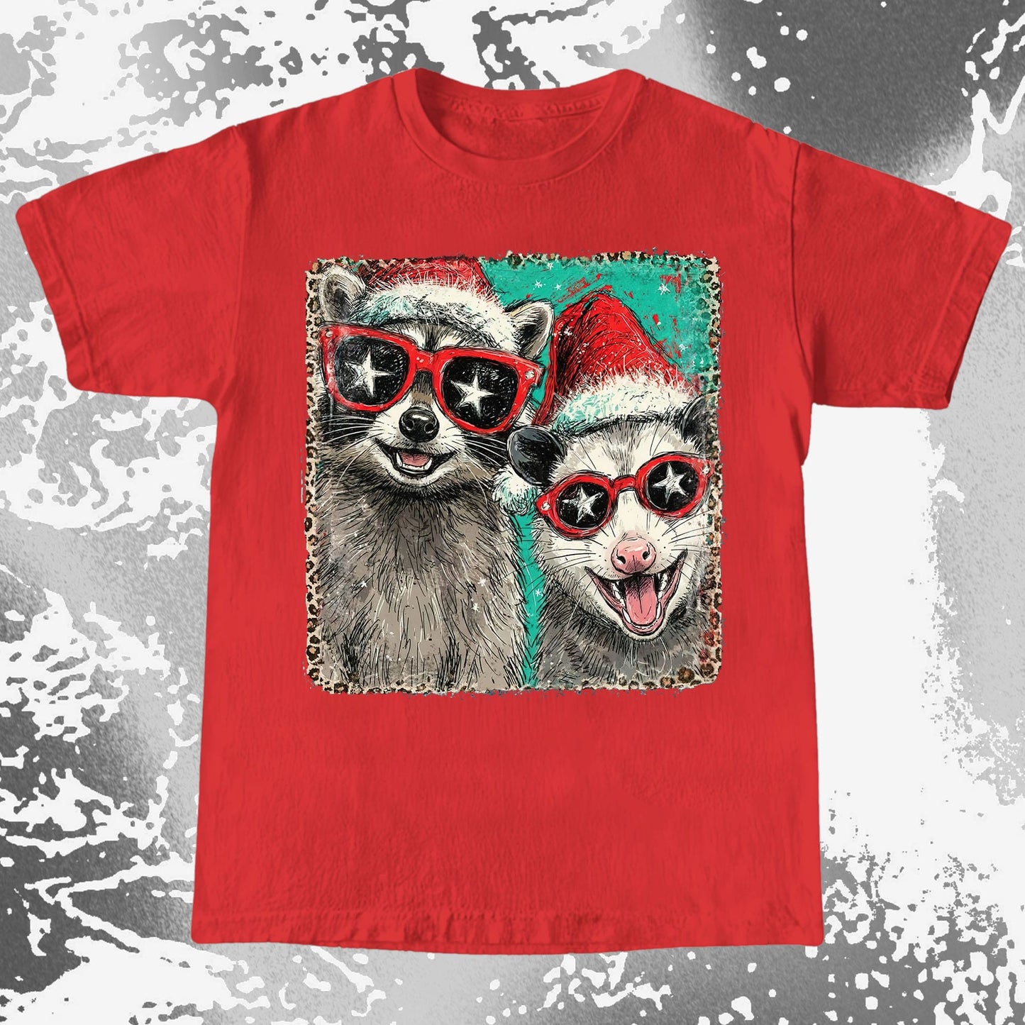 Raccoon and opossum wearing Santa hats and red sunglasses Christmas graphic