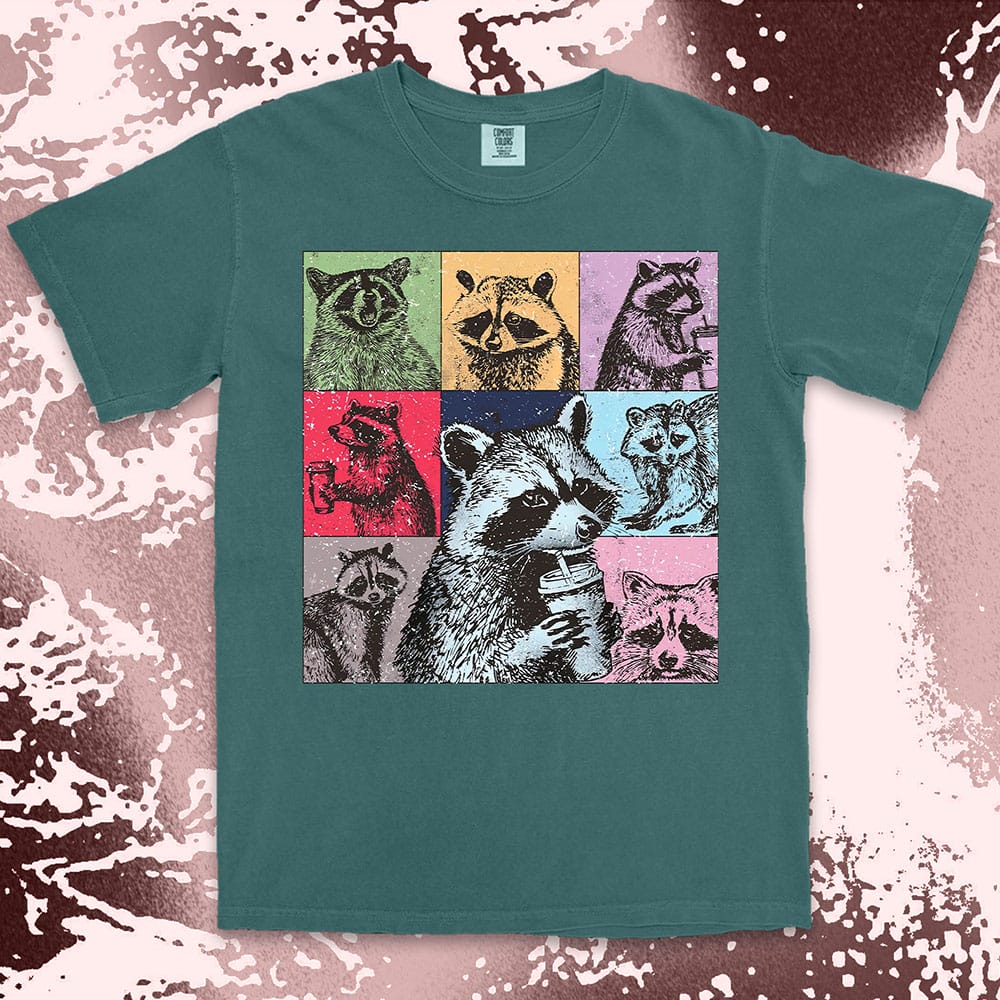 Funny raccoon coffee shirt retro pop art design