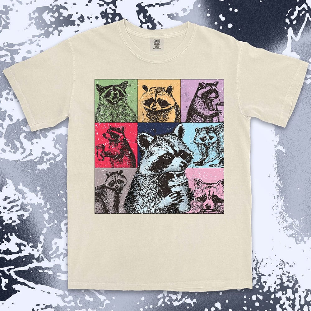 Funny raccoon coffee shirt retro pop art design